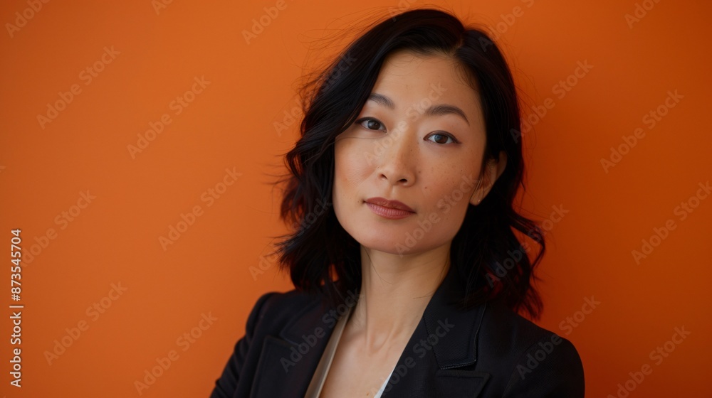 An Asian woman with black hair in workplace attire, set against an orange background, softly luminous, subtle coloring, 32k uhd An Asian woman with black hair in workplace attire, set against an orange background, softly luminous, subtle coloring, 32k uhd
