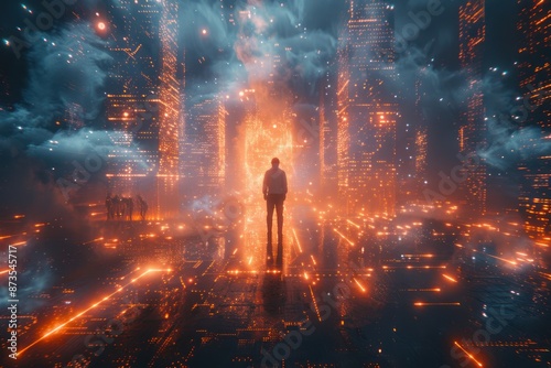A Solitary Figure in a Futuristic Cityscape