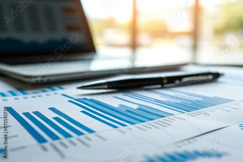 Close-up of a business report with graphs, pen, and a laptop on a desk in an office setting