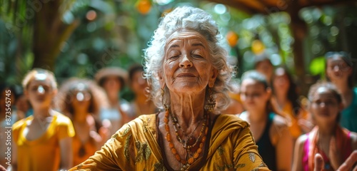 Elderly Woman Leading Group of People in Outdoor Yoga Practice