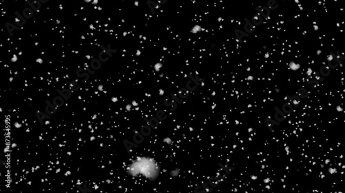 Realistic snow falling on black background. Flakes to down, Christmas animation with alpha channel