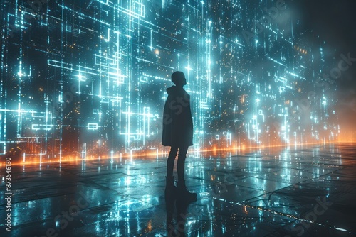 Silhouette of a Person in a Futuristic Digital City