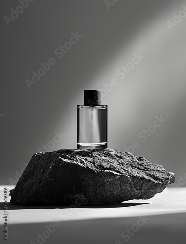 a perfume bottle sits on top of a rock, in the style of dark and brooding designer, dau al set, monochromatic symmetry, les nabis, realistic depiction of light, camera lucida,