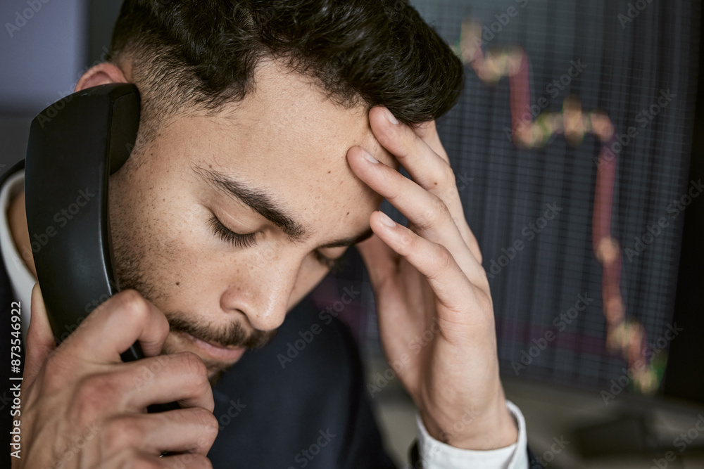 Fototapeta premium Stress, phone call and business man at desk for investment mistake, error or stock market problem in office. Charts, screen and trader with headache for financial crisis, discussion or risk fail