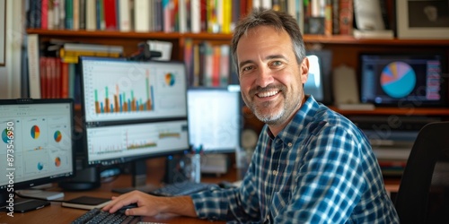 Smiling Man Reviewing Data on Computer Screens in Home Office