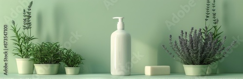 White Pump Bottle With Lavender Plants and Sunlight Shadows on a Green Wall