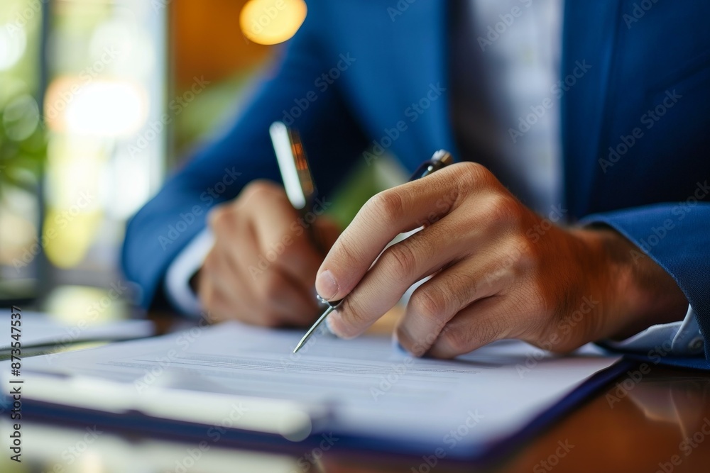 Close-up of a male professional in a suit signing a legal document with a fountain pen Close-up of a male professional in a suit signing a legal document with a fountain pen
