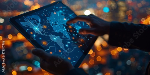 Person Using Tablet With Digital World Map Displayed Against City Lights at N...