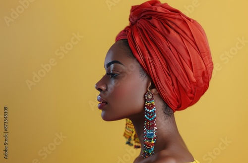 Profile Portrait of a Woman Wearing a Red Head Wrap and Long Beaded Earrings