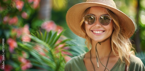 Woman Wearing Sunglasses and Hat Smiling in a Garden