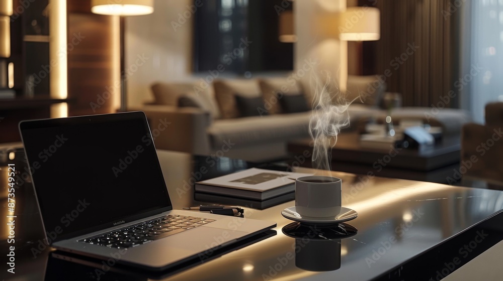 Modern home office setup with laptop and steaming coffee cup on desk