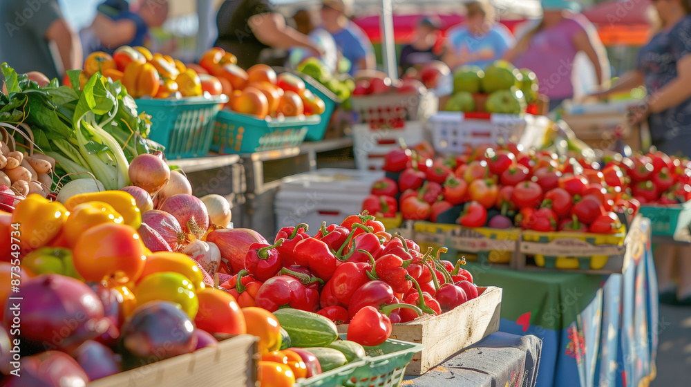 Vibrant Farmers Market with Fresh Vegetables and Fruits on Display in Wooden Crates Vibrant Farmers Market with Fresh Vegetables and Fruits on Display in Wooden Crates