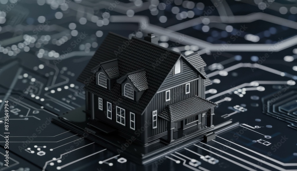 Fototapeta premium A digital rendering of a black house on a circuit board. AI.