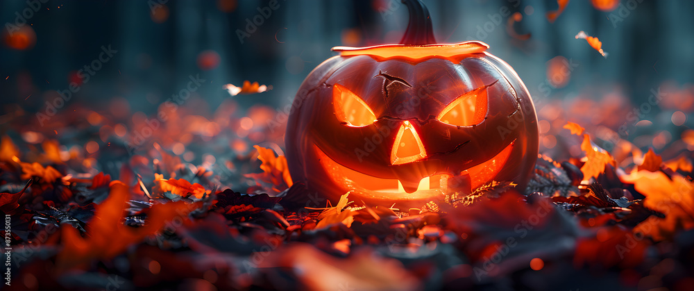 Fototapeta premium A pumpkin with a scary face is sitting on a pile of leaves