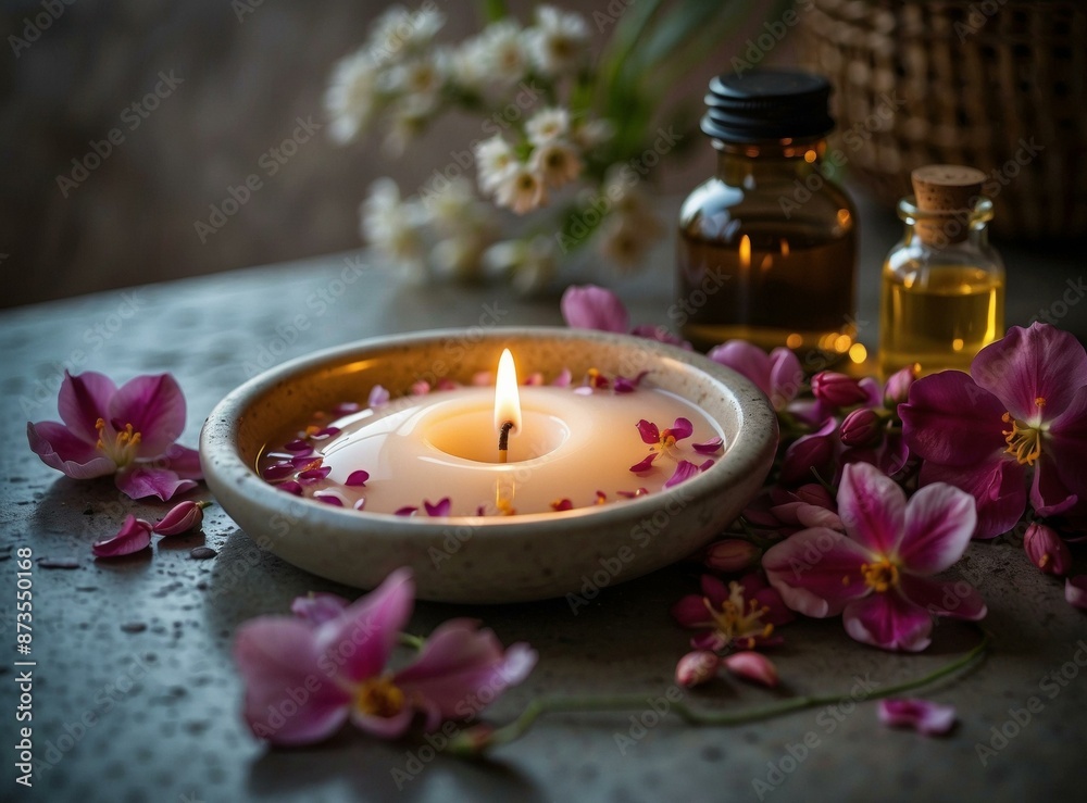 Pink flowers and a candle in a bowl of water with oil and other flowers nearby. AI. Pink flowers and a candle in a bowl of water with oil and other flowers nearby. AI.