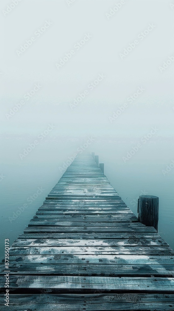 Fototapeta premium A wooden dock extending into a foggy lake. AI.