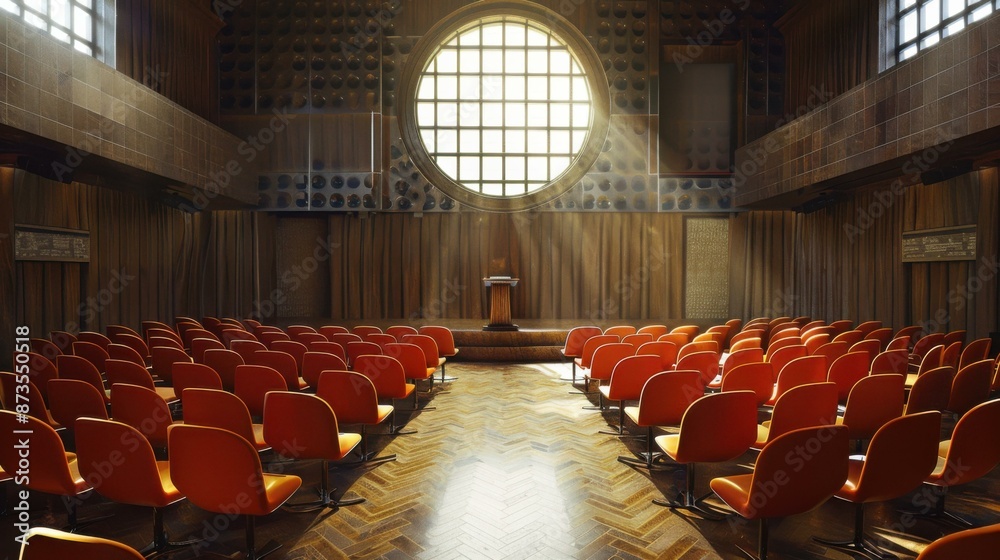 Naklejka premium Rows of empty orange chairs face a stage with a large round window above it. AI.