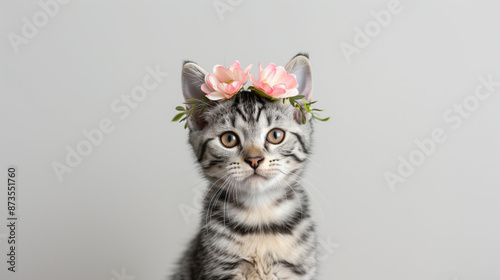 American Shorthair Kitten Cat with Flower on Head, Highly Detailed Photography, Classic Coat Patterns, White Background photo