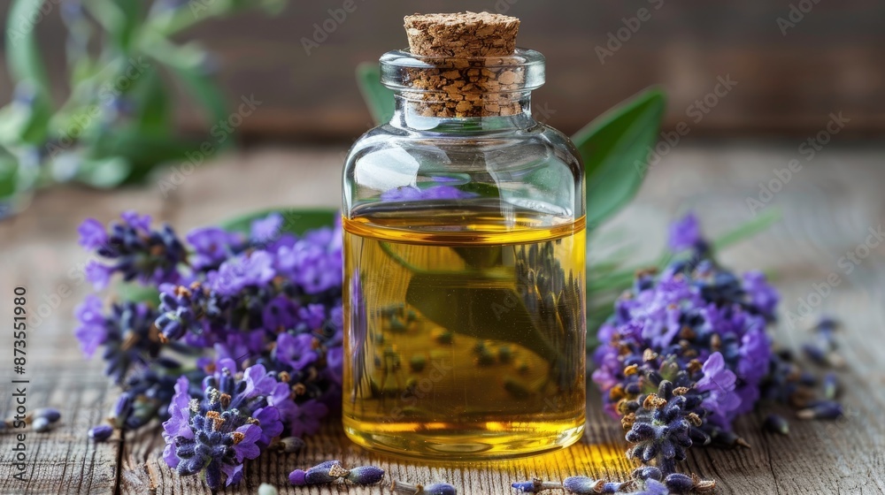 A bottle of lavender oil sits on a wooden table next to purple flowers A bottle of lavender oil sits on a wooden table next to purple flowers