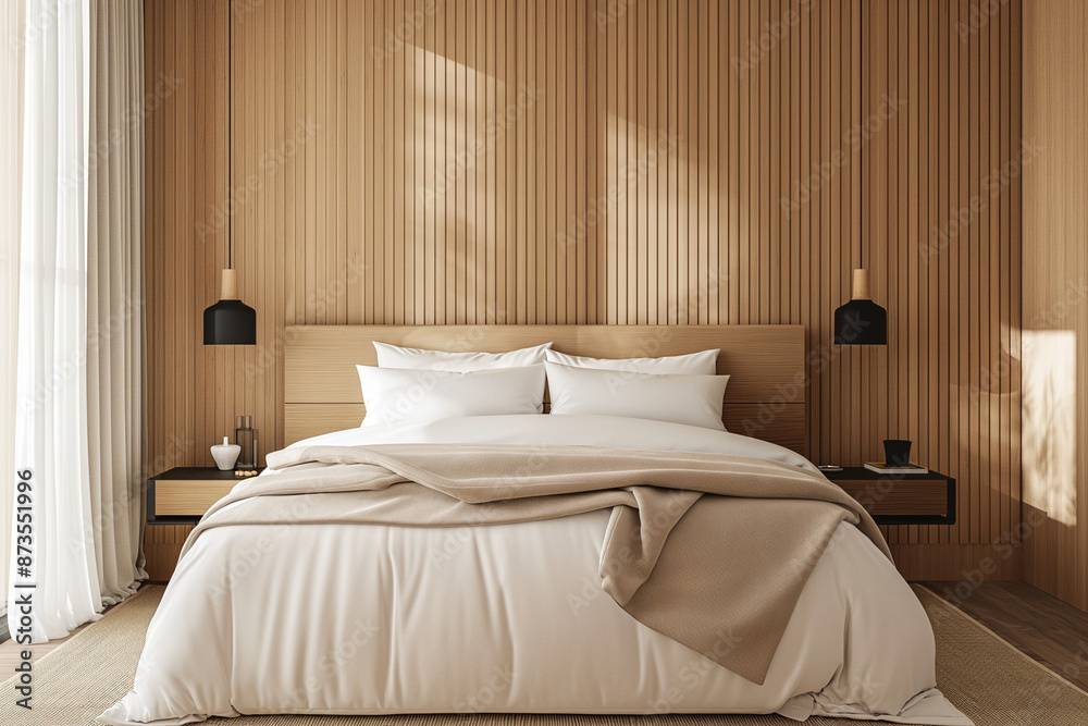 A bedroom, white bed with headboard and soft beige satin fabric sheets, light wood colored wall panels, black lamps on the bedside tables A bedroom, white bed with headboard and soft beige satin fabric sheets, light wood colored wall panels, black lamps on the bedside tables