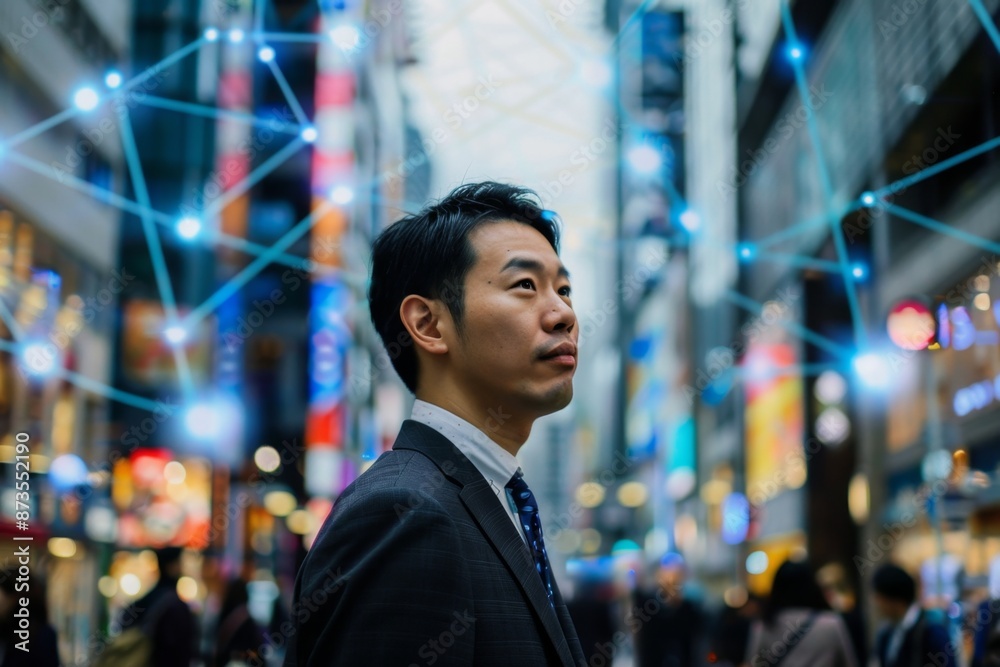 Businessman imagining the future of a smart city connected by data Businessman imagining the future of a smart city connected by data