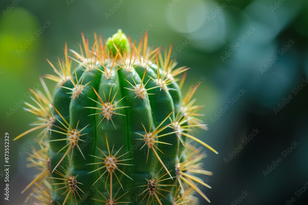 Close-up view of a lush green cactus with radiant thorns against a blurred background Close-up view of a lush green cactus with radiant thorns against a blurred background