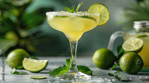 A glass of margarita with lime slices on the side. The margarita is served in a tall glass with a lime wedge on the rim