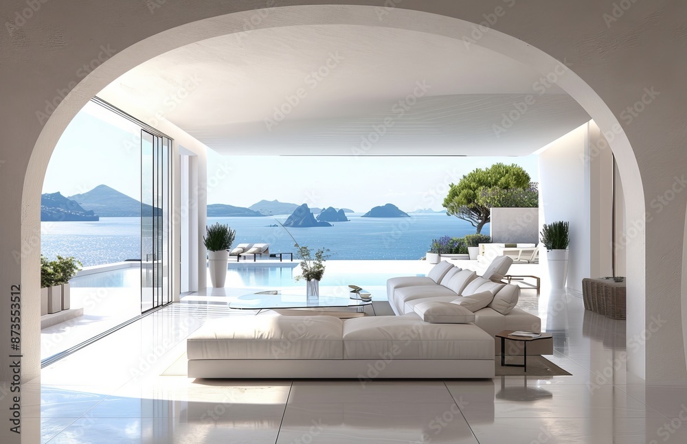 modern living room with sea view and white sofa modern living room with sea view and white sofa