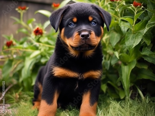 puppy Rottweiler dog in garden. High quality photo