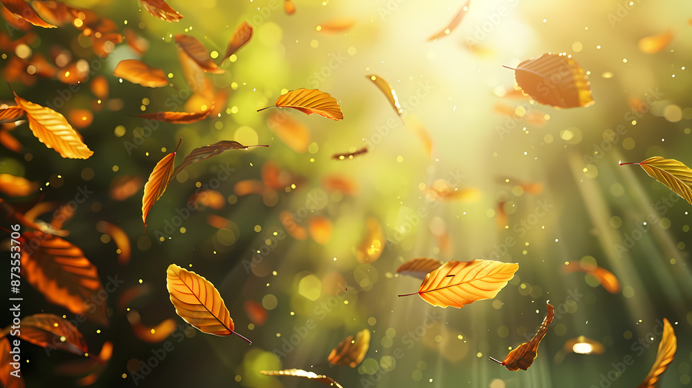 Flying leaves effect with mild sunbeam in 3d illustration vector