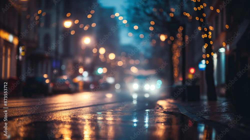 Dimly Lit City Street with Soft Warm Lights Reflecting on Wet Pavement at Night in Urban Setting Dimly Lit City Street with Soft Warm Lights Reflecting on Wet Pavement at Night in Urban Setting