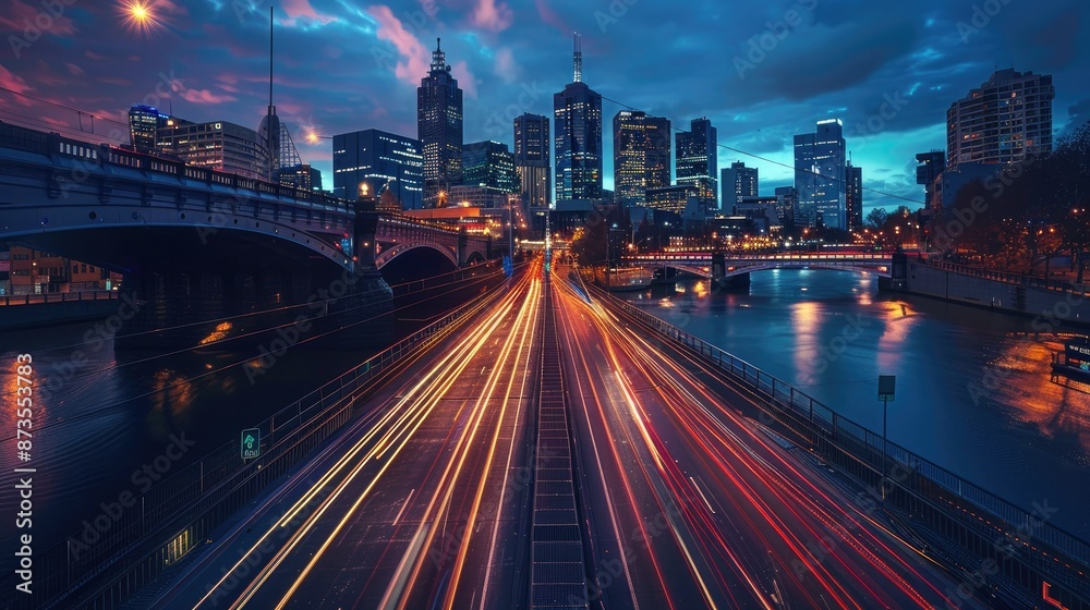 Cityscape at Dusk with Light Trails and Bridges Cityscape at Dusk with Light Trails and Bridges