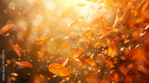 Flying leaves effect with mild sunbeam in 3d illustration vector