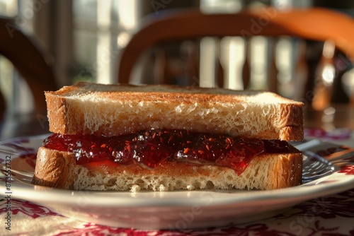 A sandwich with jelly on it is on a white plate. The sandwich is cut in half