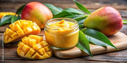 Close up of fresh mango fruit slices with a jar of organic mango butter, perfect for natural skincare and spa products