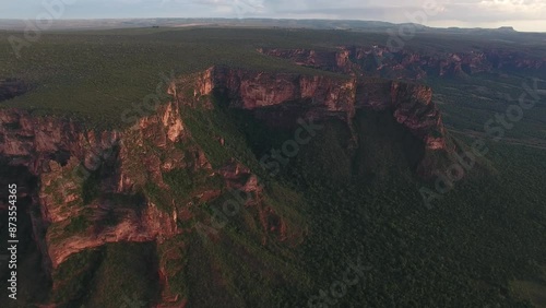 Aerial view of sandstone cliffs of Chapada dos Guimãraes - Chapada dos Guimarães, Mato Grosso, Brazil photo