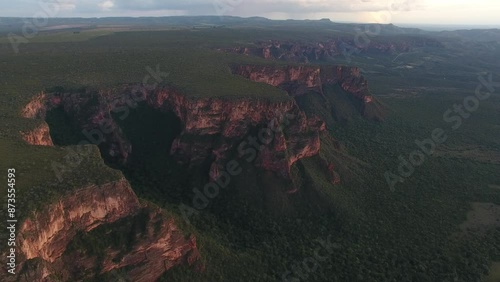 Aerial view of sandstone cliffs of Chapada dos Guimãraes - Chapada dos Guimarães, Mato Grosso, Brazil photo