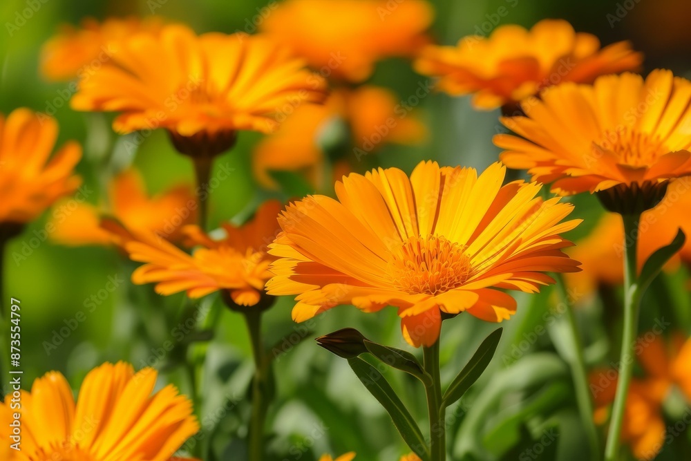 Lush marigold flowers with radiant orange petals flourishing in a garden Lush marigold flowers with radiant orange petals flourishing in a garden