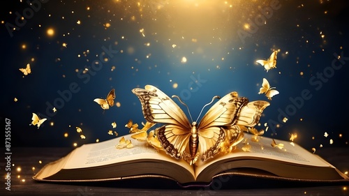 Fairytale mystical open book with butterflies and Gold sparkles wide banner design for headers with copy space area © Adnan