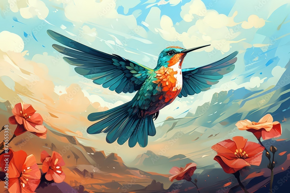 Obraz premium Hummingbird hovering in midair flat design front view flower field theme animation Triadic Color Scheme