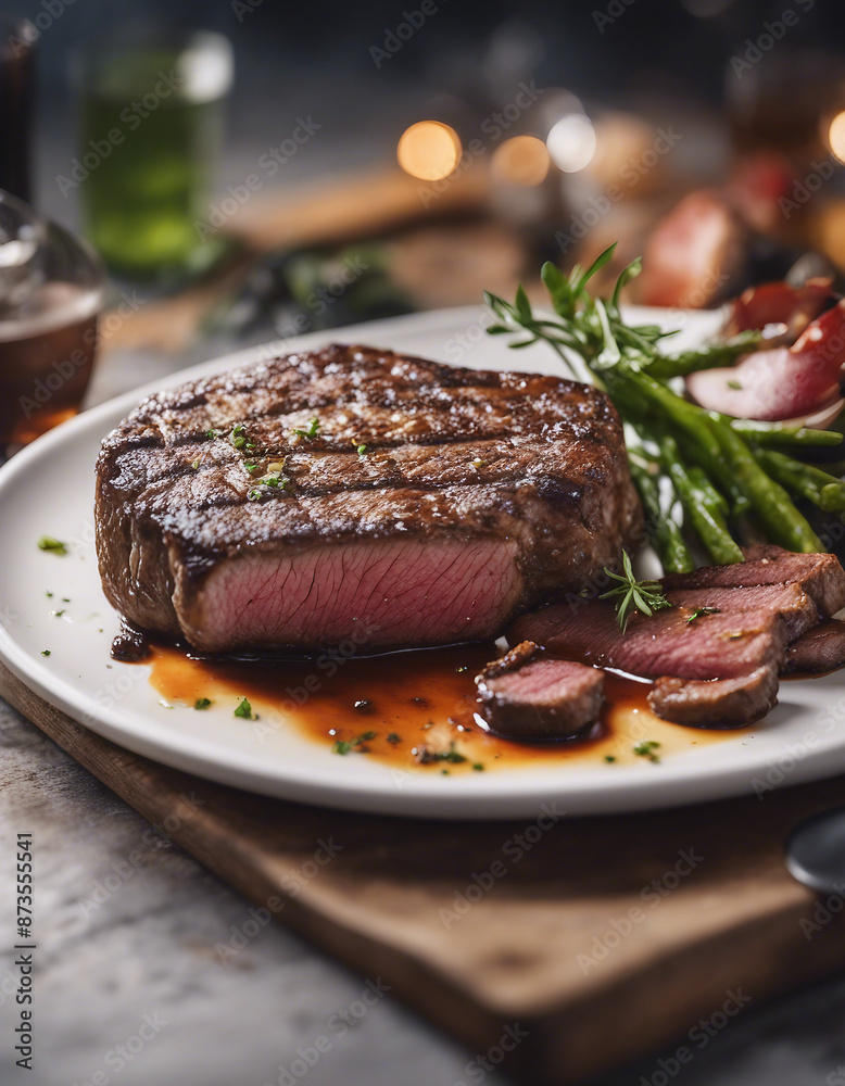 perfectly grilled steak, bright background, ad shot for menu perfectly grilled steak, bright background, ad shot for menu