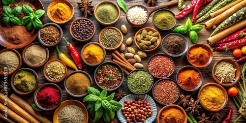 Spices and herbs background with assorted colorful seasonings and ingredients, spices, herbs, seasoning, food, ingredients