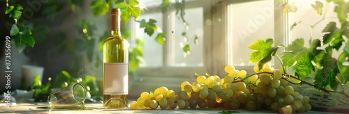 A Bottle of White Wine With Grapes and Vines on a Windowsill in Sunlight