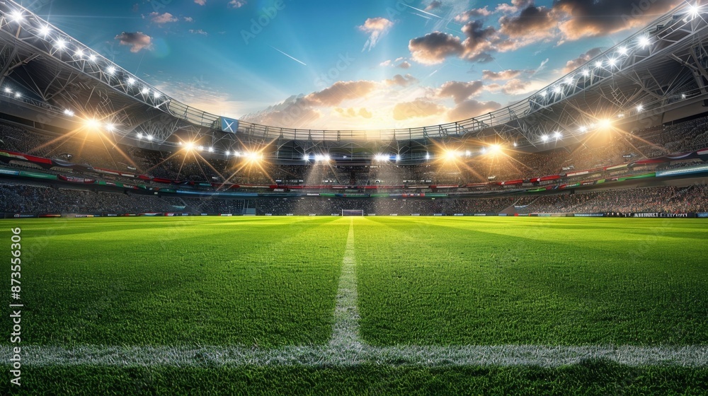 Soccer stadium at sunset with the lights on and full of fans Soccer stadium at sunset with the lights on and full of fans