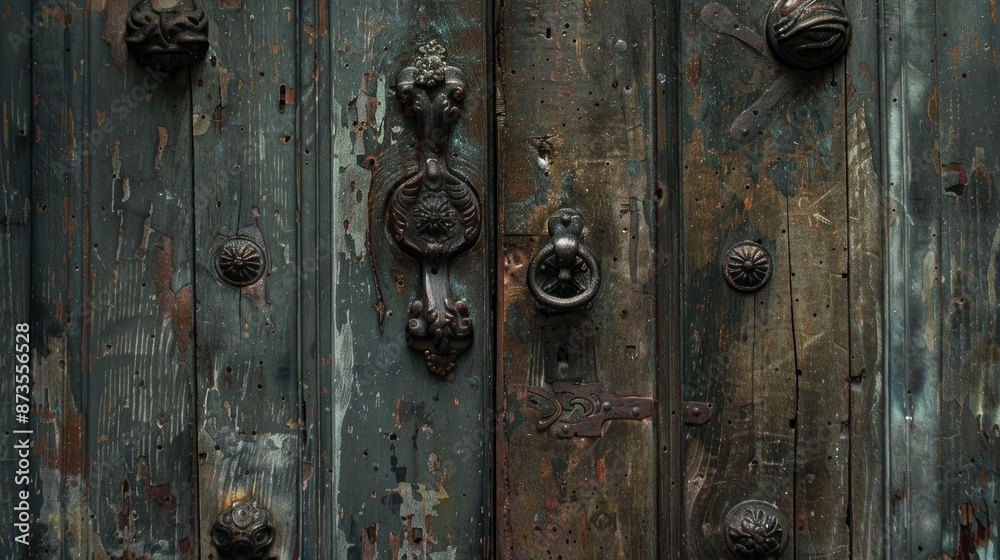 Old entrance door with an antique door handle Old entrance door with an antique door handle