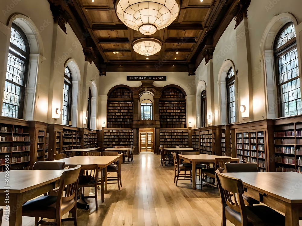 Fototapeta premium A large and luxurious library with tables and chairs with a large fireplace in the center