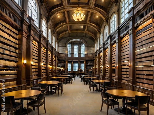 A large and luxurious library with tables and chairs with a large fireplace in the center