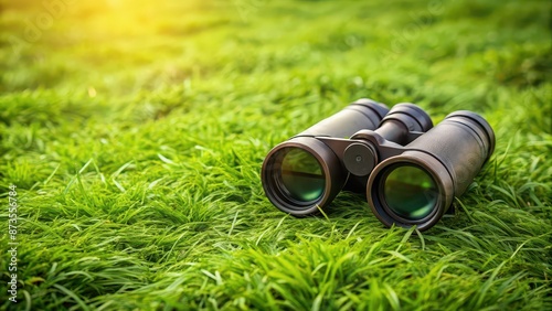 Binoculars lying on lush green grass , nature, outdoor, exploration, adventure, equipment, field, observation
