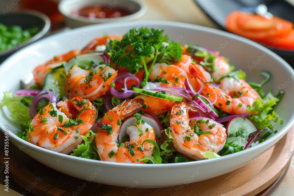 A white bowl filled with shrimp salad. The salad is garnished with parsley and onions. The bowl is placed on a wooden table