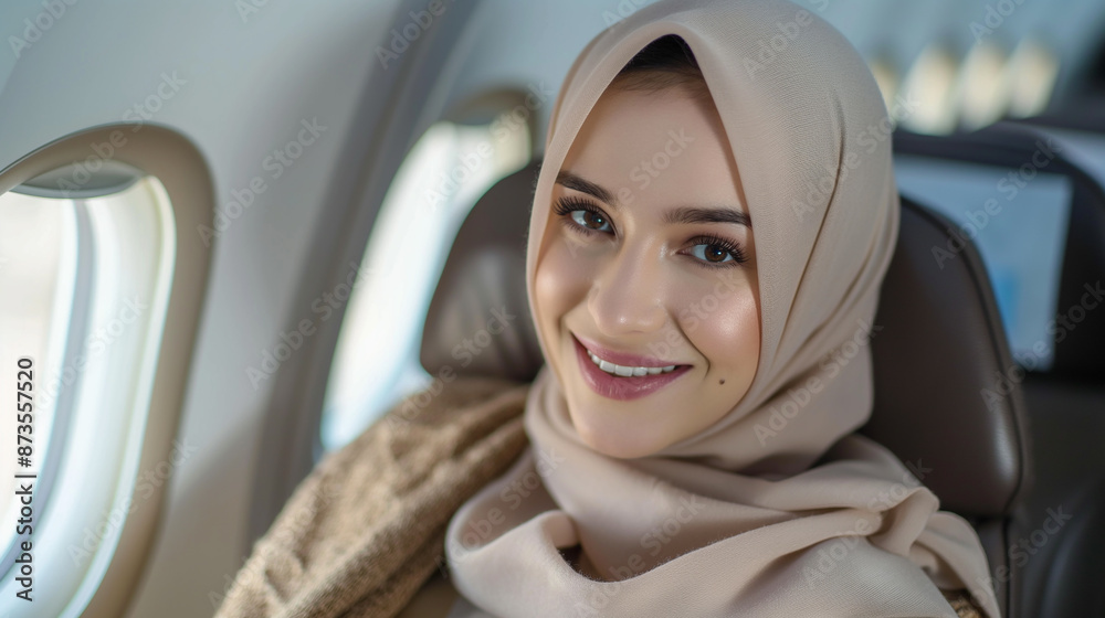 Young muslim businesswoman smiling during business trip flight Young muslim businesswoman smiling during business trip flight